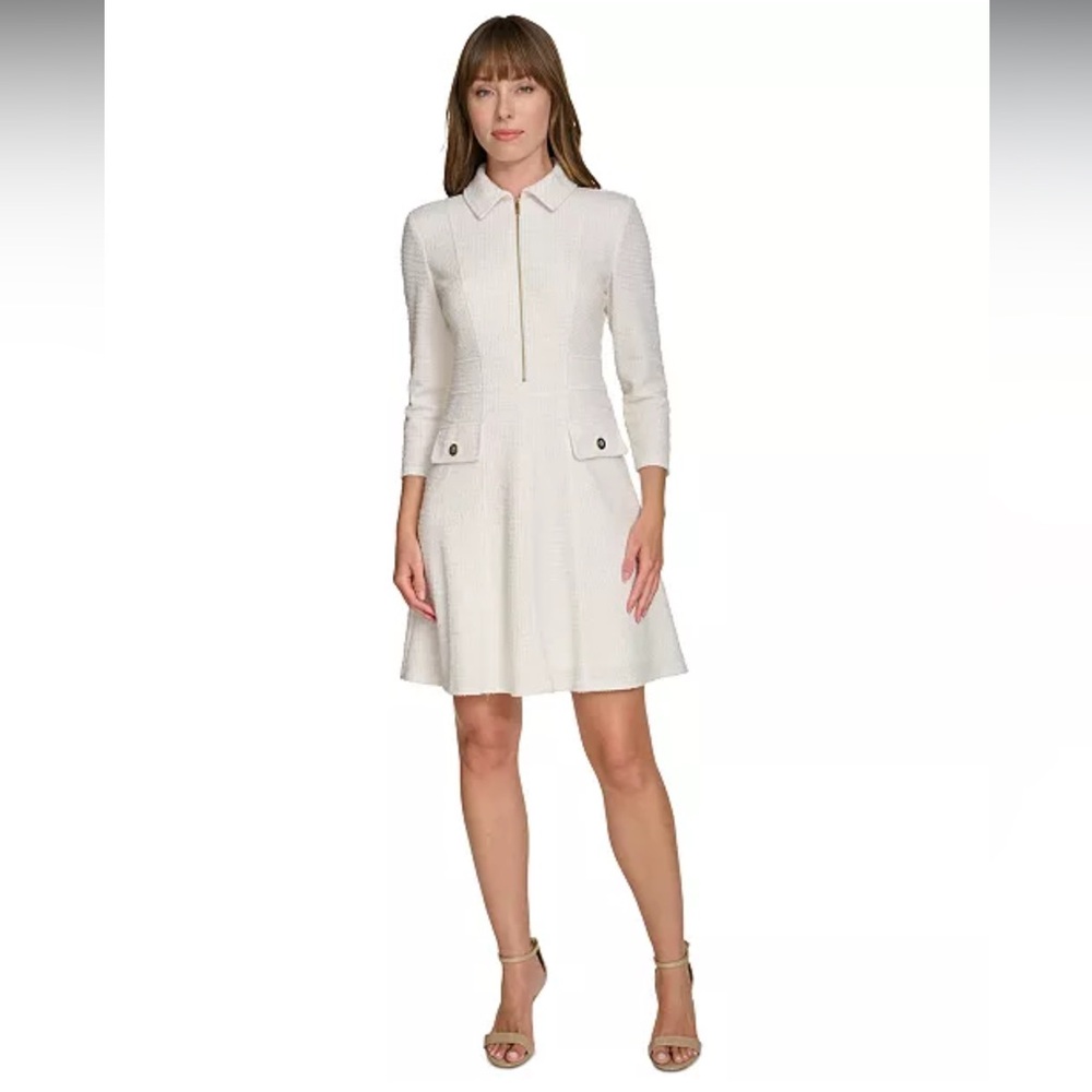 Tommy Hilfiger Cream Textured Zip-Front Long Sleeve Dress